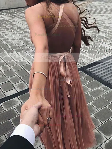 A-line V-neck Tulle Tea-length Sashes / Ribbons Short Prom Dresses #Favs020105823