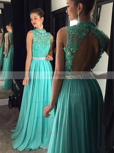 A-line High Neck Chiffon Floor-length Beading Prom Dresses #Favs020102443