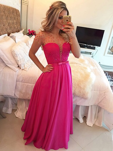 A-line Scoop Neck Chiffon Floor-length Lace Prom Dresses #Favs020102817