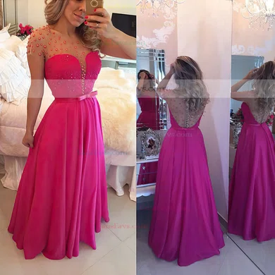 A-line Scoop Neck Chiffon Floor-length Lace Prom Dresses #Favs020102817
