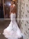 Trumpet/Mermaid High Neck Tulle Feather Sweep Train Appliques Lace Prom Dresses #Favs020104461