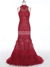 Trumpet/Mermaid High Neck Tulle Feather Sweep Train Appliques Lace Prom Dresses #Favs020104461
