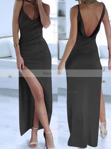 Sheath/Column V-neck Silk-like Satin Ankle-length Split Front Prom Dresses #Favs020104358