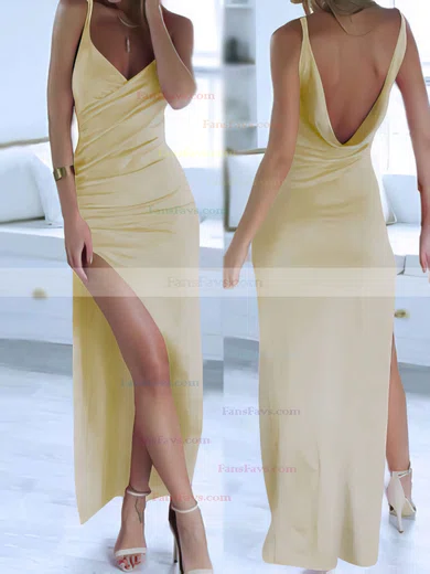 Sheath/Column V-neck Silk-like Satin Ankle-length Split Front Prom Dresses #Favs020104358