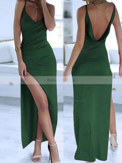 Sheath/Column V-neck Silk-like Satin Ankle-length Split Front Prom Dresses #Favs020104358