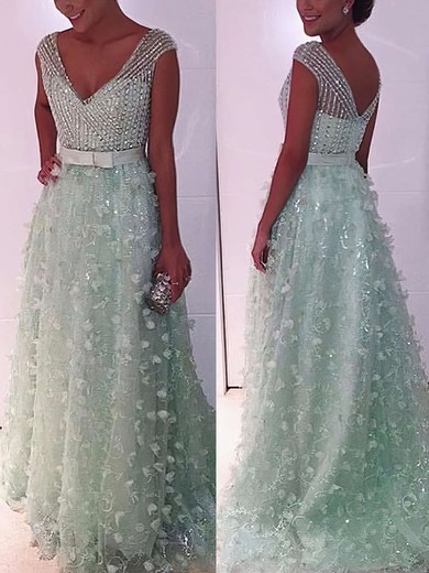 A-line V-neck Lace Tulle Sweep Train Beading Prom Dresses #Favs020104353