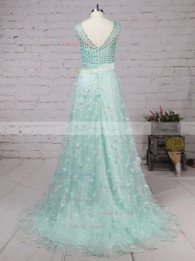 A-line V-neck Lace Tulle Sweep Train Beading Prom Dresses #Favs020104353