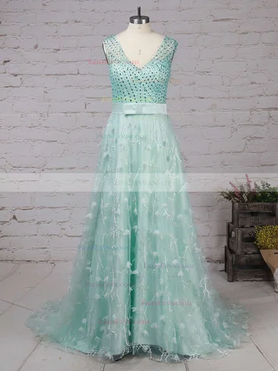 A-line V-neck Lace Tulle Sweep Train Beading Prom Dresses #Favs020104353