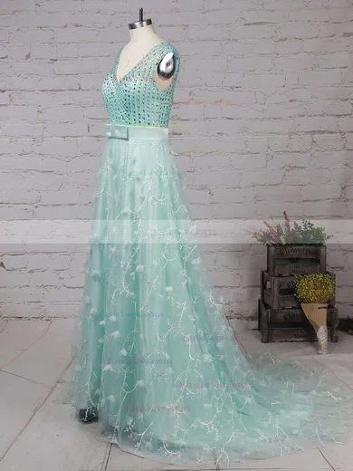 A-line V-neck Lace Tulle Sweep Train Beading Prom Dresses #Favs020104353