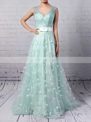 A-line V-neck Lace Tulle Sweep Train Beading Prom Dresses #Favs020104353