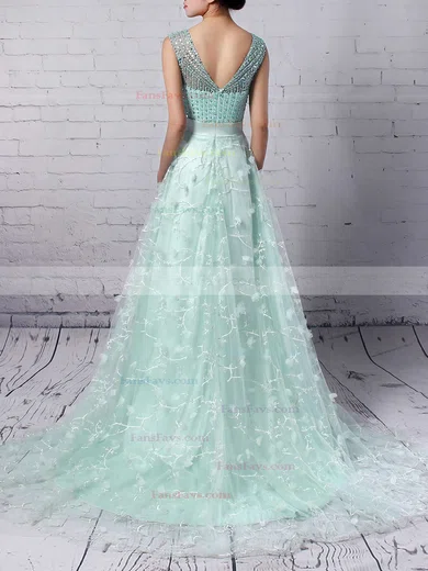 A-line V-neck Lace Tulle Sweep Train Beading Prom Dresses #Favs020104353