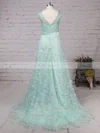 A-line V-neck Lace Tulle Sweep Train Beading Prom Dresses #Favs020104353