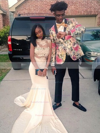 Trumpet/Mermaid High Neck Jersey Sweep Train Appliques Lace Prom Dresses #Favs020105683