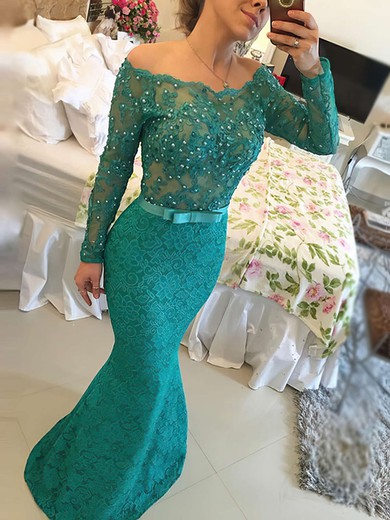 Trumpet/Mermaid Off-the-shoulder Lace Floor-length Appliques Lace Prom Dresses #Favs020102429