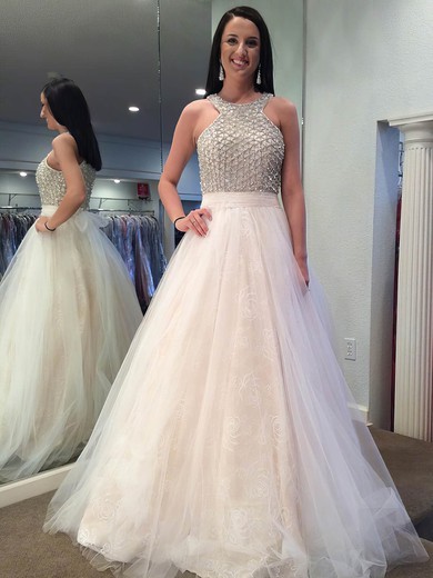 Ball Gown Scoop Neck Lace Tulle Floor-length Beading Prom Dresses #Favs020105429