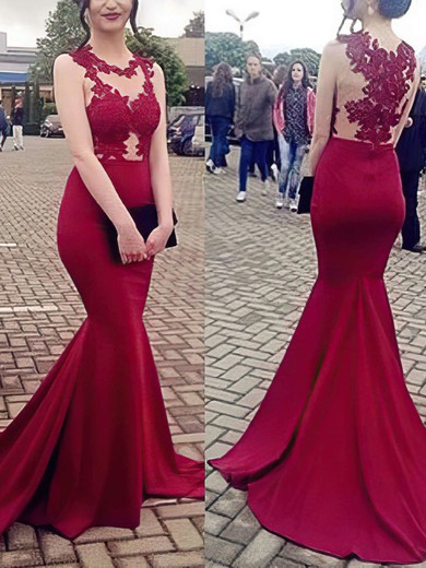 Trumpet/Mermaid Scoop Neck Jersey Sweep Train Appliques Lace Prom Dresses #Favs020105540
