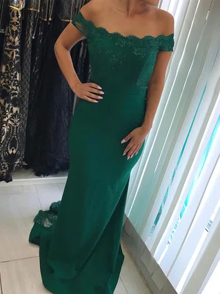 Trumpet/Mermaid Off-the-shoulder Silk-like Satin Sweep Train Appliques Lace Prom Dresses #Favs020105691 Trumpet/Mermaid Off-the-shoulder Silk-like Satin Sweep Train Appliques Lace Prom Dresses #Favs020105691