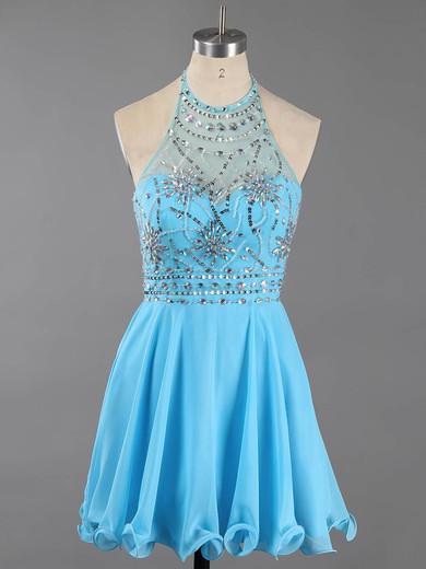 Backless A-line Halter Chiffon Crystal Detailing Short/Mini Classy Short Prom Dresses #Favs020100982