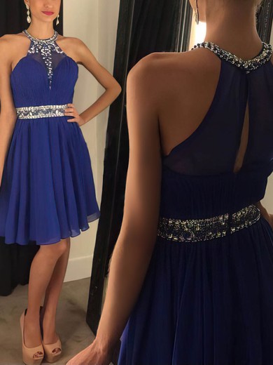 A-line Scoop Neck Chiffon Short/Mini Beading Royal Blue Short Prom Dresses #Favs020102478