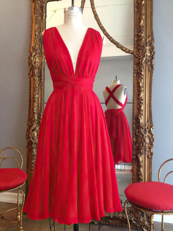 Hot A-line V-neck Chiffon Knee-length Ruffles Red Backless Short Prom Dresses #Favs020102648
