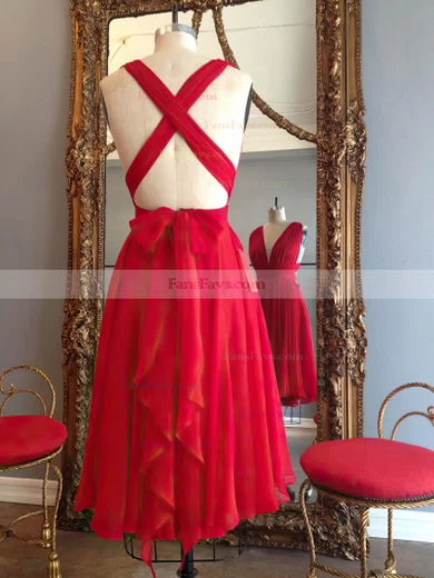 Hot A-line V-neck Chiffon Knee-length Ruffles Red Backless Short Prom Dresses #Favs020102648