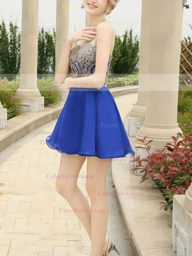 Girls A-line Sweetheart Chiffon Short/Mini Appliques Lace Royal Blue Short Prom Dresses #Favs020103460