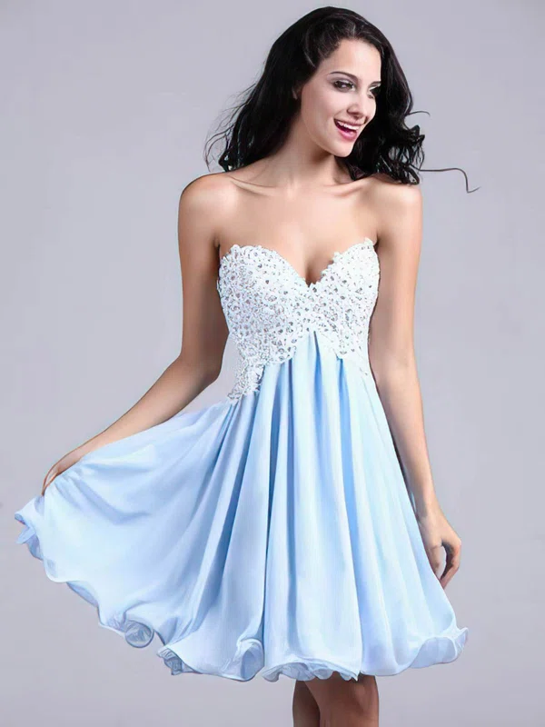 A-line Sweetheart Chiffon Short/Mini Appliques Lace Short Prom Dresses #Favs02051689