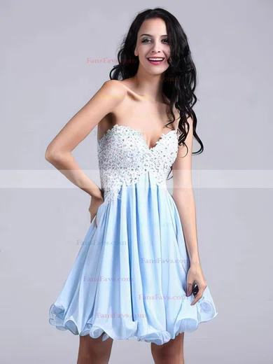 A-line Sweetheart Chiffon Short/Mini Appliques Lace Short Prom Dresses #Favs02051689