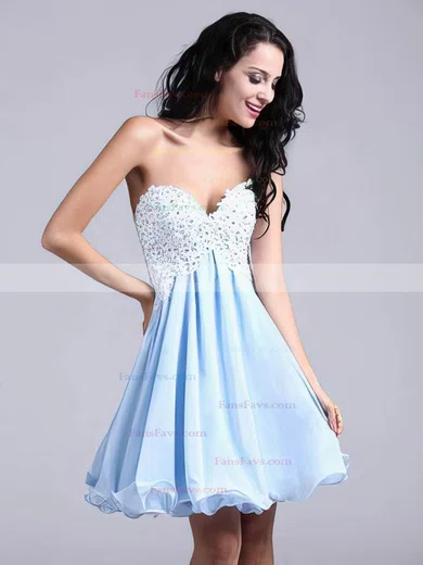 A-line Sweetheart Chiffon Short/Mini Appliques Lace Short Prom Dresses #Favs02051689