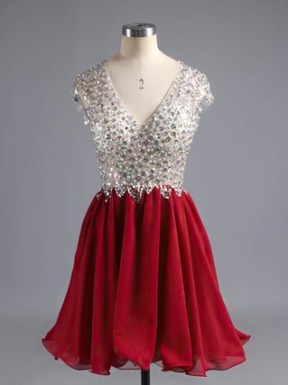 Burgundy A-line V-neck Chiffon Tulle Short/Mini Beading Open Back Short Prom Dresses #Favs020100703 Burgundy A-line V-neck Chiffon Tulle Short/Mini Beading Open Back Short Prom Dresses #Favs020100703