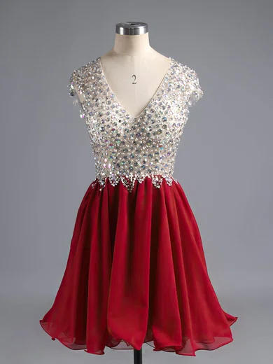 Burgundy A-line V-neck Chiffon Tulle Short/Mini Beading Open Back Short Prom Dresses #Favs020100703