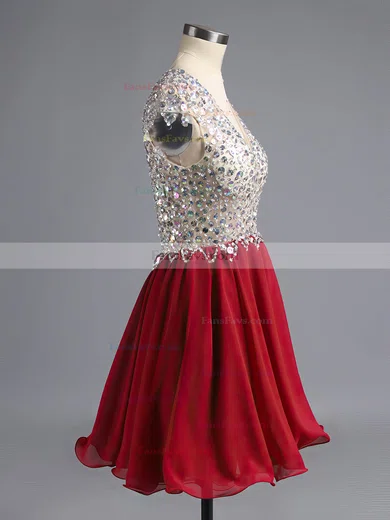 Burgundy A-line V-neck Chiffon Tulle Short/Mini Beading Open Back Short Prom Dresses #Favs020100703