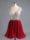 Burgundy A-line V-neck Chiffon Tulle Short/Mini Beading Open Back Short Prom Dresses #Favs020100703