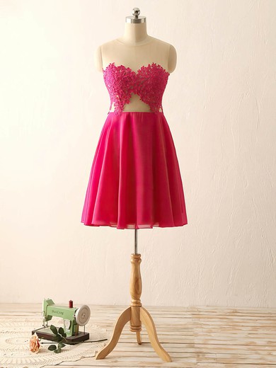 Fuchsia Scoop Neck Chiffon Tulle Short/Mini Appliques Lace Cheap Short Prom Dresses #Favs020101793