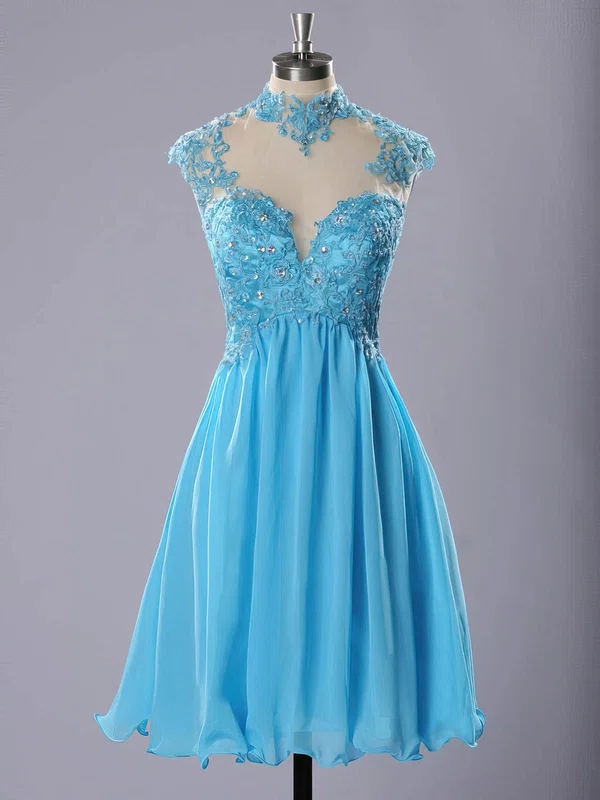 High Neck Blue Chiffon Tulle Appliques Lace Short/Mini Short Prom Dresses #Favs020102183