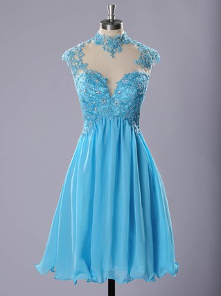 High Neck Blue Chiffon Tulle Appliques Lace Short/Mini Short Prom Dresses #Favs020102183 High Neck Blue Chiffon Tulle Appliques Lace Short/Mini Short Prom Dresses #Favs020102183