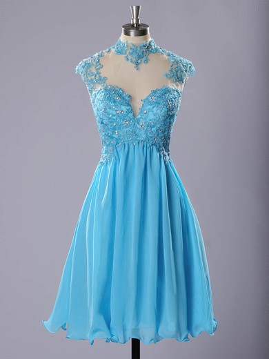 High Neck Blue Chiffon Tulle Appliques Lace Short/Mini Prom Dresses #Favs020102183