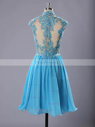 High Neck Blue Chiffon Tulle Appliques Lace Short/Mini Short Prom Dresses #Favs020102183