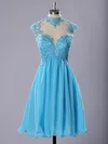 High Neck Blue Chiffon Tulle Appliques Lace Short/Mini Short Prom Dresses #Favs020102183
