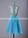 High Neck Blue Chiffon Tulle Appliques Lace Short/Mini Short Prom Dresses #Favs020102183