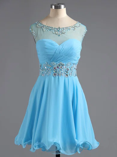 A-line Scoop Neck Chiffon Tulle Short/Mini Beading Short Prom Dresses #Favs02016425
