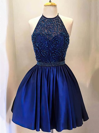 A-line Halter Elastic Woven Satin Short/Mini Beading Short Prom Dresses #Favs020102526 A-line Halter Elastic Woven Satin Short/Mini Beading Short Prom Dresses #Favs020102526
