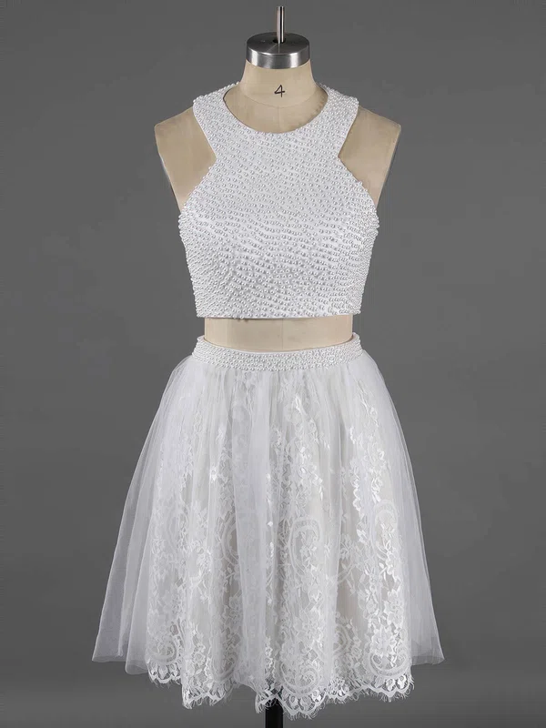 Newest Scoop Neck Two Pieces White Lace Crystal Detailing Short/Mini Short Prom Dresses #Favs020100649
