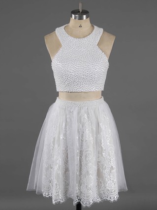 Newest Scoop Neck Two Pieces White Lace Crystal Detailing Short/Mini Short Prom Dresses #Favs020100649 Newest Scoop Neck Two Pieces White Lace Crystal Detailing Short/Mini Short Prom Dresses #Favs020100649