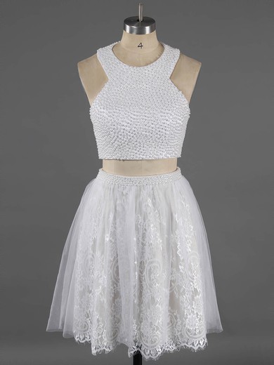 Newest Scoop Neck Two Pieces White Lace Crystal Detailing Short/Mini Short Prom Dresses #Favs020100649