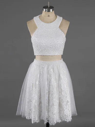 Newest Scoop Neck Two Pieces White Lace Crystal Detailing Short/Mini Short Prom Dresses #Favs020100649