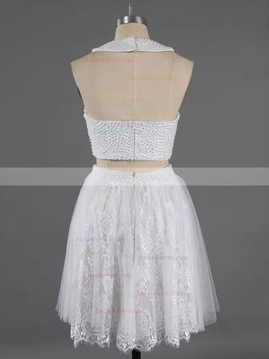 Newest Scoop Neck Two Pieces White Lace Crystal Detailing Short/Mini Short Prom Dresses #Favs020100649