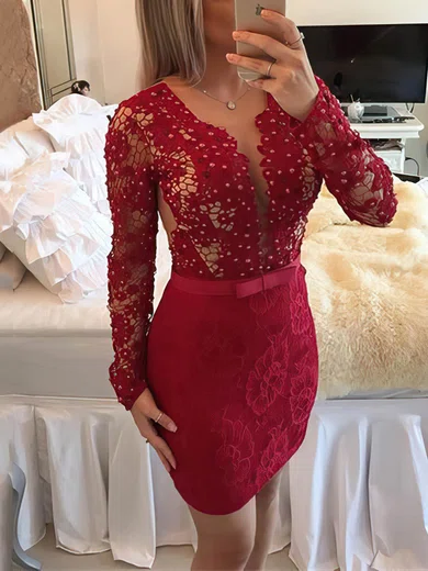 Sheath/Column V-neck Lace Short/Mini Sashes / Ribbons Burgundy Long Sleeve Short Prom Dresses #Favs020102458
