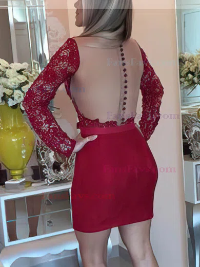 Sheath/Column V-neck Lace Short/Mini Sashes / Ribbons Burgundy Long Sleeve Short Prom Dresses #Favs020102458