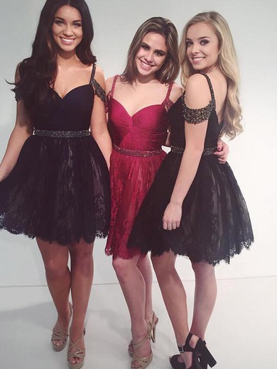 A-line V-neck Short/Mini Lace Prom Dresses with Beading #Favs020102523